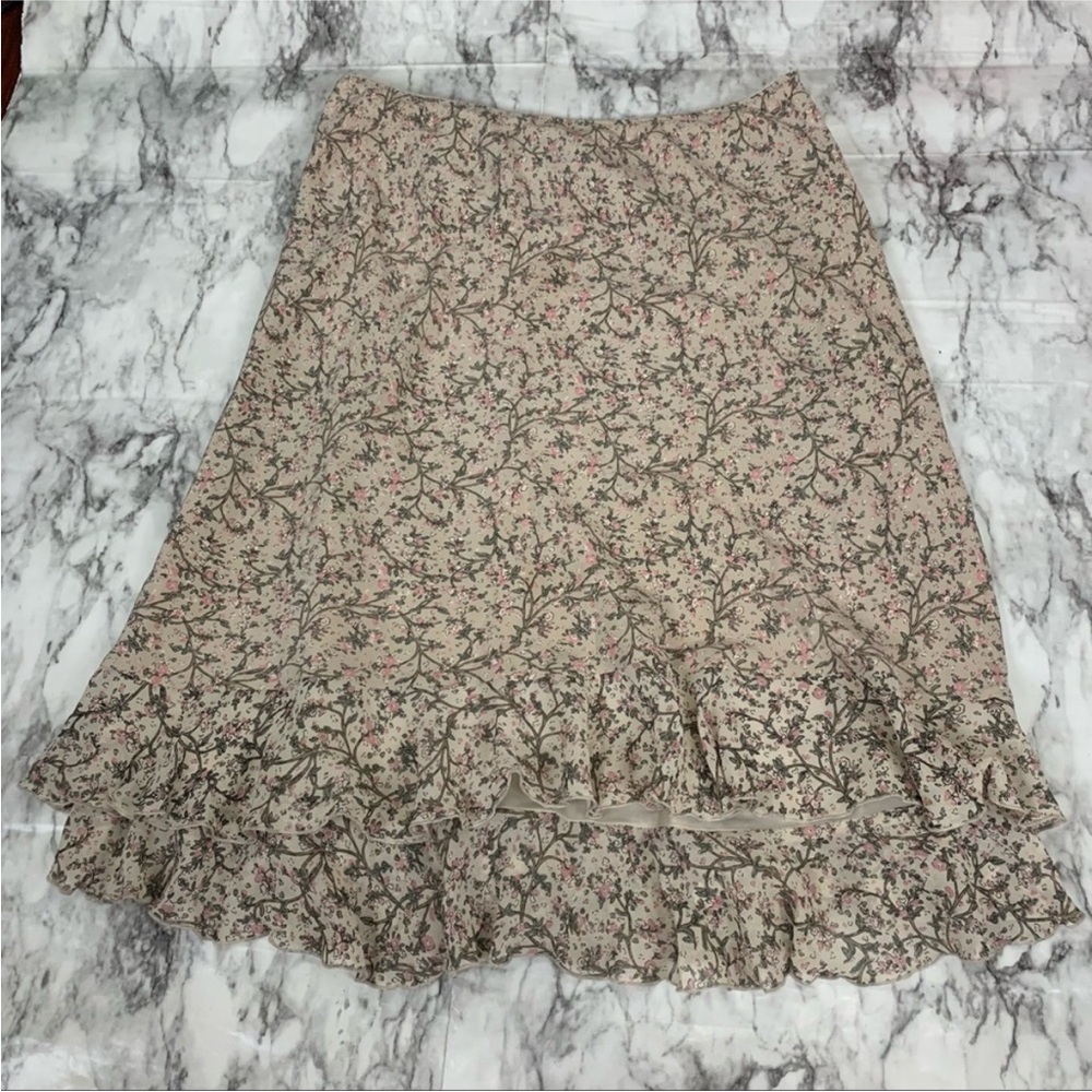 Mac & jac 100% silk Floral Print wildflower tan beige skirt size 12